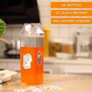 6 Pack 33 oz Clear Milk Carton Water Bottle Plastic Square Milk Bottles Portable Milk Carton Cup Milk Container for Refrigerator with 50 Pcs Cute Stickers 2 Pcs Brush for Travel Camping Outdoor Sports