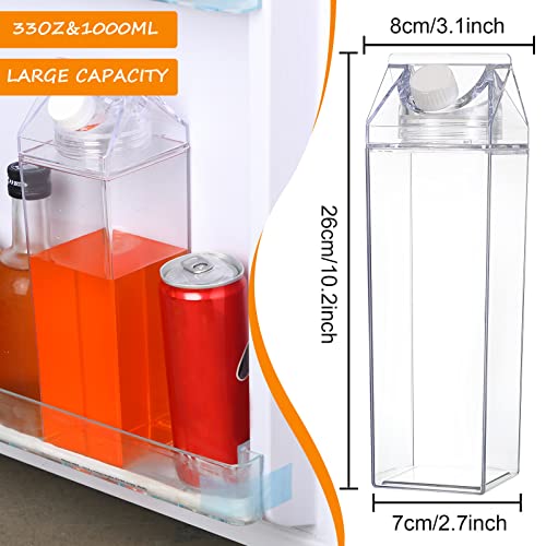 6 Pack 33 oz Clear Milk Carton Water Bottle Plastic Square Milk Bottles Portable Milk Carton Cup Milk Container for Refrigerator with 50 Pcs Cute Stickers 2 Pcs Brush for Travel Camping Outdoor Sports