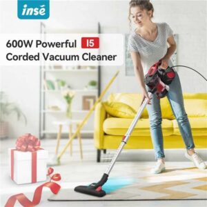 INSE Vacuum Cleaner, Corded Vacuum Cleaner 600W Powerful Motor 18000Pa Versatile Handheld Corded Stick Vacuum Cleaner for Hardwood Floor Pet Hair - Red