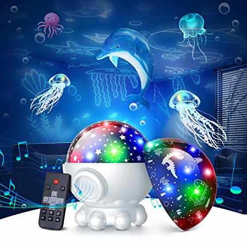 Night Light Projector,Ocean Star Night Light for Kids Room,Dinosaur Toys with 360° Rotation,Remote and Timer,3 Projection Films,17 Light Modes,9 Lullaby Songs,Birthday Christmas Gifts Kids Toys-White