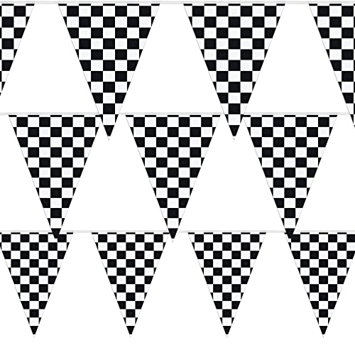 Checkered Flags Black and White 100’ FT Pennant Racing Banner | NASCAR Theme Party Decoration Plastic Flag | Race Car Parties Décor | Decorative Birthday BBQ Bar Hanging Accessories | 1 Banner