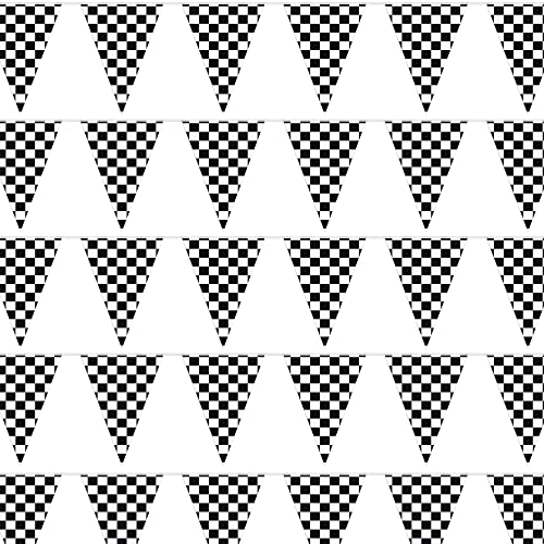 Checkered Flags Black and White 100’ FT Pennant Racing Banner | NASCAR Theme Party Decoration Plastic Flag | Race Car Parties Décor | Decorative Birthday BBQ Bar Hanging Accessories | 1 Banner