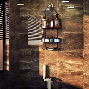 Kadolina Bathroom Hanging Shower Organizer, Over Head Shower Caddy Shower Storage Rack Basket with Hooks for Razor and Sponge Rustproof, Black [Patented]