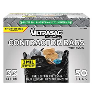 ultrasac – 891454 ultrasac contractor trash bags – (50 pack/w ties) – heavy duty 3 mil thick, 39′ x 32′, shorter 33 gallon black version – for industrial, commercial, professional, construction, lawn, leaf, and more