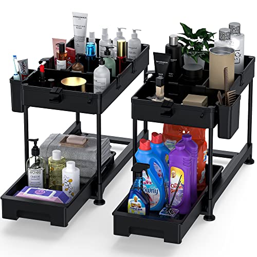 Under Sink Organizers 2-Tier, RIASEVI Sliding Under Bathroom Kitchen Cabinet Storage Drawer Organizer with Hooks, Hanging Cup, Dividers, Multi-purpose Under Sink Shelf Organizer, 2 Pack, Black