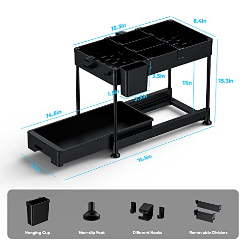 Under Sink Organizers 2-Tier, RIASEVI Sliding Under Bathroom Kitchen Cabinet Storage Drawer Organizer with Hooks, Hanging Cup, Dividers, Multi-purpose Under Sink Shelf Organizer, 2 Pack, Black