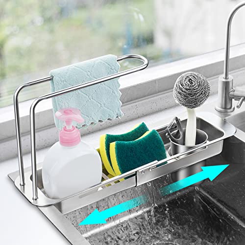 choxila Kitchen Sink Caddy, Sponge Holder for Kitchen Sink Stainless Steel Expandable (12"-17") Kitchen Sink Organizer with Dishcloth Towel Holder