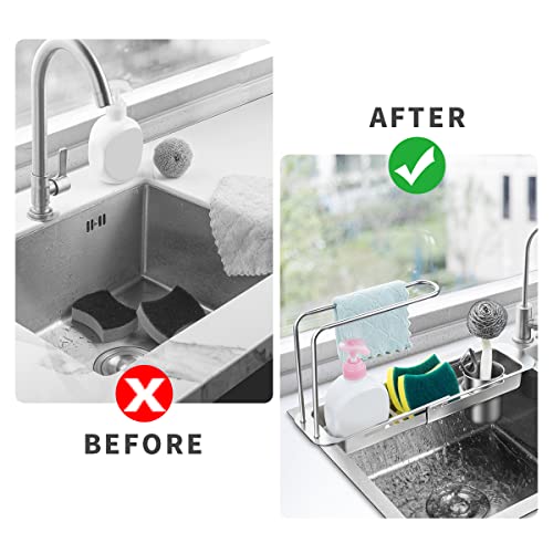 choxila Kitchen Sink Caddy, Sponge Holder for Kitchen Sink Stainless Steel Expandable (12"-17") Kitchen Sink Organizer with Dishcloth Towel Holder