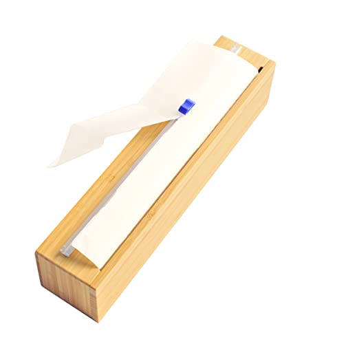 BoxThink Bamboo Wood Plastic Wrap Dispenser with Slide Cutter Also for 12 inch Aluminum foil, Parchment Paper, Cling Wrap Dispenser Sturdy and Reusable (12inch With Slide Cutte)