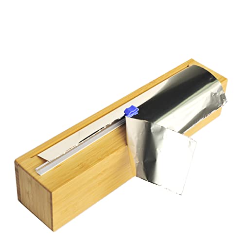 BoxThink Bamboo Wood Plastic Wrap Dispenser with Slide Cutter Also for 12 inch Aluminum foil, Parchment Paper, Cling Wrap Dispenser Sturdy and Reusable (12inch With Slide Cutte)