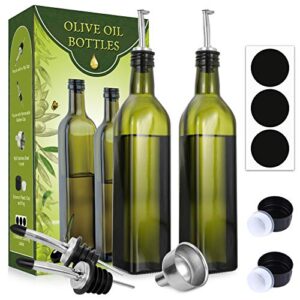 aozita [2 pack] 17 oz glass olive oil dispenser bottle set – 500ml dark green oil & vinegar cruet bottle with pourers, funnel and labels – olive oil carafe decanter for kitchen