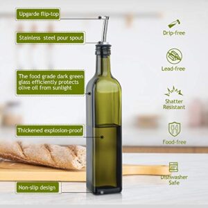 AOZITA [2 PACK] 17 oz Glass Olive Oil Dispenser Bottle Set - 500ml Dark Green Oil & Vinegar Cruet Bottle with Pourers, Funnel and Labels - Olive Oil Carafe Decanter for Kitchen