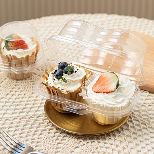 Bekith 60 Count 2-Compartment Plastic Cupcake Containers Disposable with Connected Airtight Lid, Clear Stackable Deep Dome Cupcake Carrier Holder Box for Cupcakes, Muffins, BPA Free