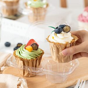 Bekith 60 Count 2-Compartment Plastic Cupcake Containers Disposable with Connected Airtight Lid, Clear Stackable Deep Dome Cupcake Carrier Holder Box for Cupcakes, Muffins, BPA Free