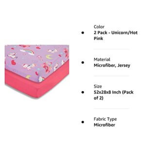 EVERYDAY KIDS 2 Pack Fitted Girls Crib Sheet, 100% Soft Breathable Microfiber, Baby Sheet, Fits Standard Size Crib Mattress 28in x 52in, Nursery Sheet - Unicorns/Hot Pink