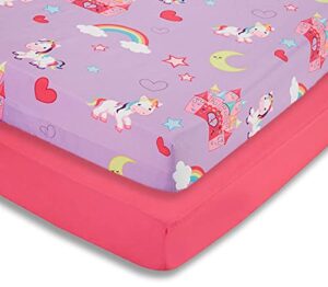 everyday kids 2 pack fitted girls crib sheet, 100% soft breathable microfiber, baby sheet, fits standard size crib mattress 28in x 52in, nursery sheet – unicorns/hot pink