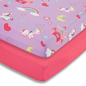 EVERYDAY KIDS 2 Pack Fitted Girls Crib Sheet, 100% Soft Breathable Microfiber, Baby Sheet, Fits Standard Size Crib Mattress 28in x 52in, Nursery Sheet - Unicorns/Hot Pink