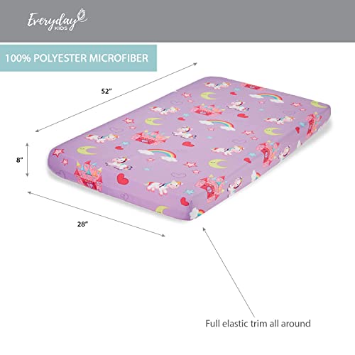 EVERYDAY KIDS 2 Pack Fitted Girls Crib Sheet, 100% Soft Breathable Microfiber, Baby Sheet, Fits Standard Size Crib Mattress 28in x 52in, Nursery Sheet - Unicorns/Hot Pink