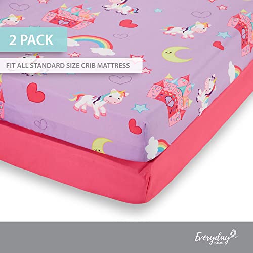 EVERYDAY KIDS 2 Pack Fitted Girls Crib Sheet, 100% Soft Breathable Microfiber, Baby Sheet, Fits Standard Size Crib Mattress 28in x 52in, Nursery Sheet - Unicorns/Hot Pink
