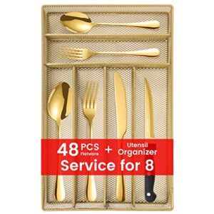 48 pcs gold silverware set with organizer, stainless steel flatware with steak knife for 8, kitware utensil cutlery with metal tray, home kitchen knife fork spoon, mirror polished
