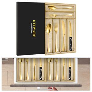 48 pcs Gold Silverware Set with Organizer, Stainless Steel Flatware with Steak Knife for 8, Kitware Utensil Cutlery with Metal Tray, Home Kitchen Knife Fork Spoon, Mirror Polished