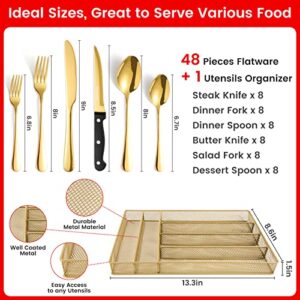 48 pcs Gold Silverware Set with Organizer, Stainless Steel Flatware with Steak Knife for 8, Kitware Utensil Cutlery with Metal Tray, Home Kitchen Knife Fork Spoon, Mirror Polished