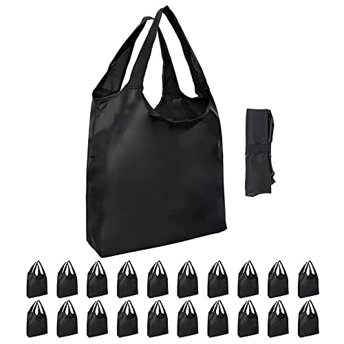 20 Pack Durable Folding Large Kitchen Reusable Shopping Bags with Handles Bulk, Aricsen Recycle Foldable Grocery Heavy Duty Washable into Pocket Lightweight Portable Nylon Tote, Polyester Cloth, Black