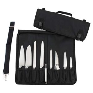 tosnail chef knife case roll bag with 15 slots, easy carry handle and shoulder strap – black