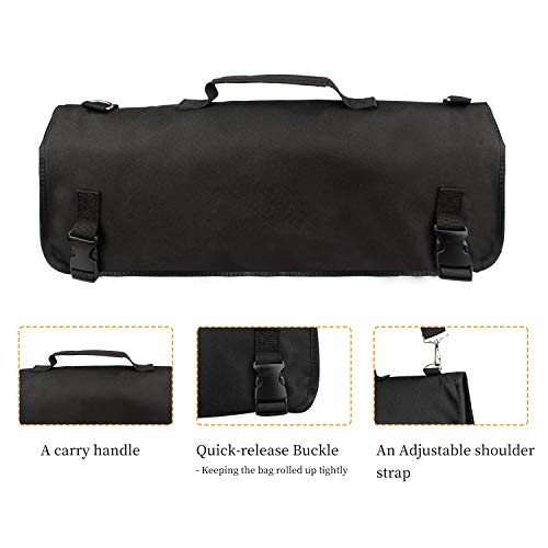 Tosnail Chef Knife Case Roll Bag with 15 Slots, Easy Carry Handle and Shoulder Strap - Black