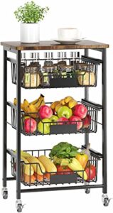 xyzlvsi kitchen storage cart with wheels, 4-tier metal utility rolling cart fruit vegetable storage basket pantry rack with wood top & pull out baskets for kitchen, livingroom, diningroom, office