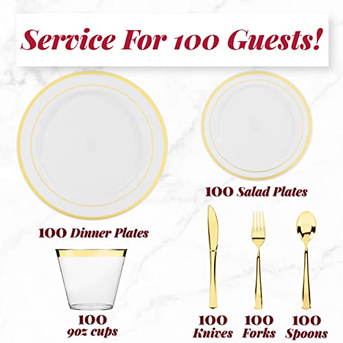 600 Piece Gold Dinnerware Party Set (100 Guest), 100 Dinner Plastic Plates, 100 Salad Gold Plates, 100 Gold Plastic Silverware Set, 100 Gold Plastic Cups Disposable Party Pack Wedding Birthday Parties