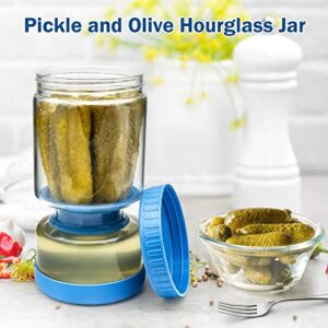 Mliepow Glass Pickle Jar, 34oz/1000ml Olive Hourglass Container with Upside Down Strainer Flip , BPA Free, Food Grade Leakproof ABS Lid, Pickle Storage Holder for Pickle, Olive and Jalapenos