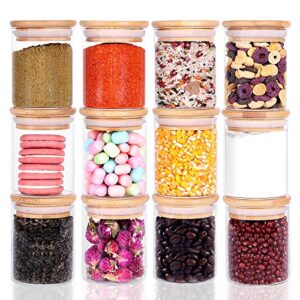 12 piece glass storage jars set with bamboo lid, 6oz glass spice canisters, mini glass mason jars with airtight lid for kitchen corner, suit for sugar, cookies,rice flour and other dry food storage