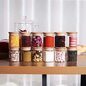 12 Piece Glass Storage Jars Set with Bamboo Lid, 6oz Glass Spice Canisters, Mini Glass Mason Jars with Airtight Lid for Kitchen Corner, Suit for Sugar, Cookies,Rice Flour and Other Dry Food Storage