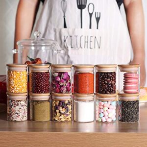 12 Piece Glass Storage Jars Set with Bamboo Lid, 6oz Glass Spice Canisters, Mini Glass Mason Jars with Airtight Lid for Kitchen Corner, Suit for Sugar, Cookies,Rice Flour and Other Dry Food Storage