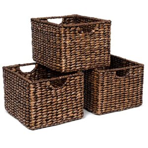 birdrock home storage shelf baskets with handles – set of 3 – abaca seagrass wicker basket – pantry bathroom shelves organization – natural under shelf basket – handwoven (brown wash)