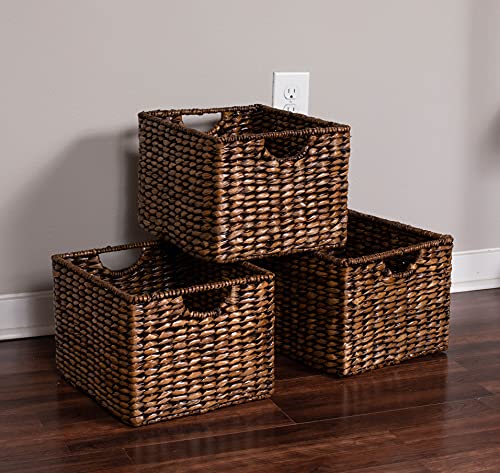 BIRDROCK HOME Storage Shelf Baskets with Handles - Set of 3 - Abaca Seagrass Wicker Basket - Pantry Bathroom Shelves Organization - Natural Under Shelf Basket - Handwoven (Brown Wash)