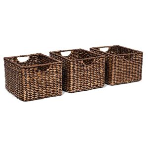 BIRDROCK HOME Storage Shelf Baskets with Handles - Set of 3 - Abaca Seagrass Wicker Basket - Pantry Bathroom Shelves Organization - Natural Under Shelf Basket - Handwoven (Brown Wash)