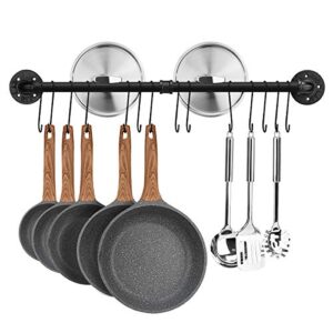 toplife 31.5 inch pot rack, kitchen wall mounted detachable pan lid utensils organizer hanging rail with 14 hooks, black