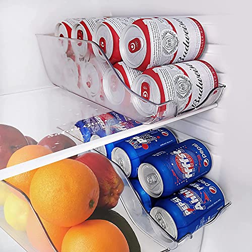 WELTRXE 4 Pack Refrigerator Organizer Bins, Pop Soda Can Dispenser and Water Bottle Organizer Set for Fridge Pantry Kitchen Cabinets and Freezer, Clear Plastic Beverage & Canned Food Storage Bins