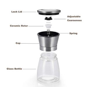 Mincham Manual Salt or Pepper Grinder for Professional Chef, Best Spice Mill with Stainless Steel Cap, Ceramic Blades and Adjustable Coarseness, Refillable Glass Body with 6OZ Capacity