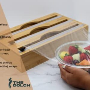 The Dolch 3 in 1 Wrap Dispenser with Cutter - Plastic Wrap Aluminum Foil and Wax Paper Organizer for Kitchen Drawer or Wall - Handy Bamboo Box for Storage - Holder Organizes Rolls -12" Roll Compatible