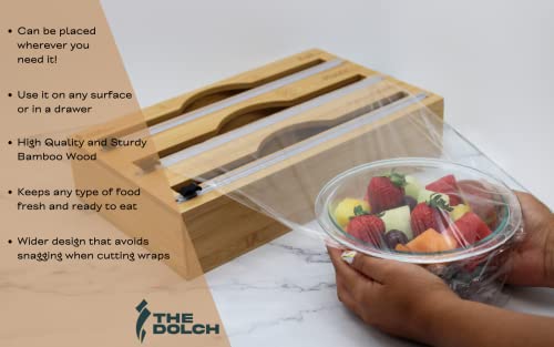 The Dolch 3 in 1 Wrap Dispenser with Cutter - Plastic Wrap Aluminum Foil and Wax Paper Organizer for Kitchen Drawer or Wall - Handy Bamboo Box for Storage - Holder Organizes Rolls -12" Roll Compatible