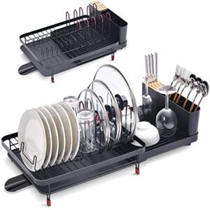 toolf expandable dish drying rack, large capacity dish drainer with drainboard, dish rack for kitchen, anti-rust plate rack with glass holder and utensil holder.