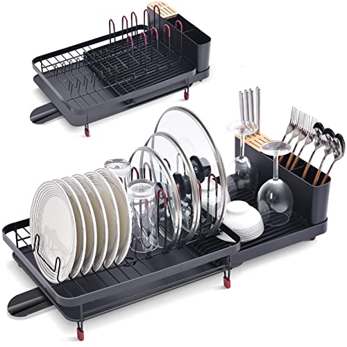 TOOLF Expandable Dish Drying Rack, Large Capacity Dish Drainer with Drainboard, Dish Rack for Kitchen, Anti-Rust Plate Rack with Glass Holder and Utensil Holder.