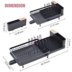 TOOLF Expandable Dish Drying Rack, Large Capacity Dish Drainer with Drainboard, Dish Rack for Kitchen, Anti-Rust Plate Rack with Glass Holder and Utensil Holder.