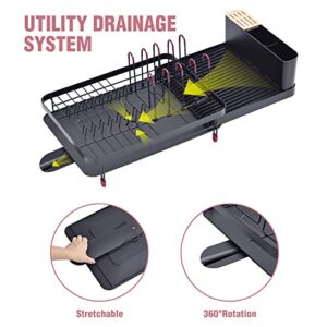 TOOLF Expandable Dish Drying Rack, Large Capacity Dish Drainer with Drainboard, Dish Rack for Kitchen, Anti-Rust Plate Rack with Glass Holder and Utensil Holder.