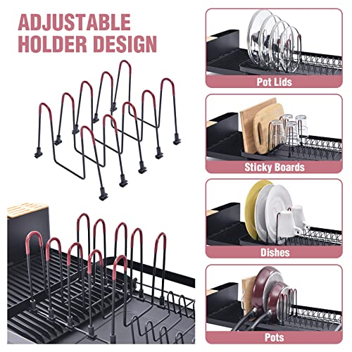 TOOLF Expandable Dish Drying Rack, Large Capacity Dish Drainer with Drainboard, Dish Rack for Kitchen, Anti-Rust Plate Rack with Glass Holder and Utensil Holder.