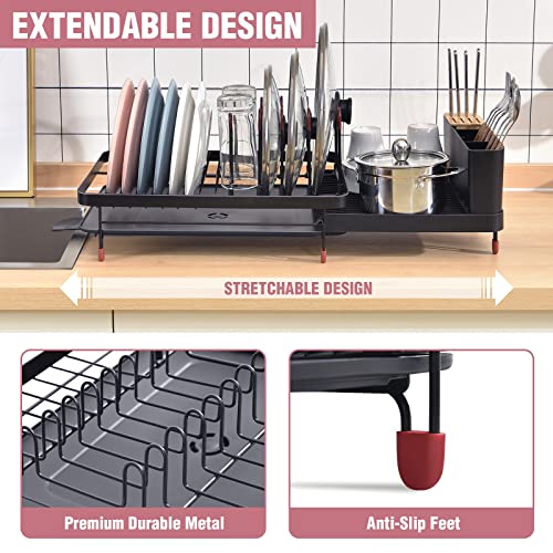 TOOLF Expandable Dish Drying Rack, Large Capacity Dish Drainer with Drainboard, Dish Rack for Kitchen, Anti-Rust Plate Rack with Glass Holder and Utensil Holder.