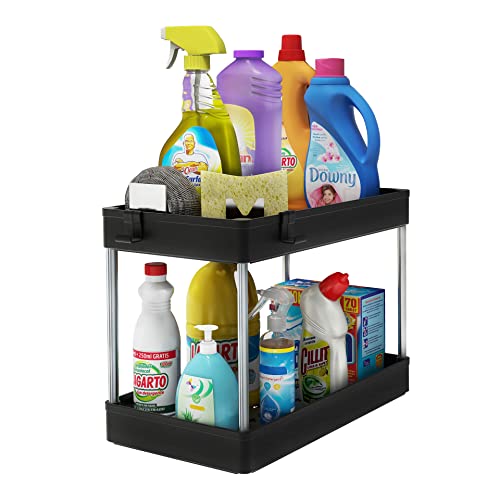 Under Sink Organizer, 2 Tier Bathroom Organizer with 4 Hooks, Multi-purpose Under Sink Storage, Countertop Storage Shelf Holder, Kitchen Spice Rack, Under Sink Storage for Bathroom Kitchen, Black